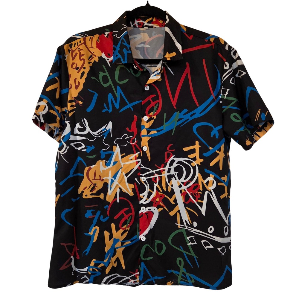 Mens Graffiti Abstract Print Short Sleeve Button Down Shirt M Streetwear Hip Hop